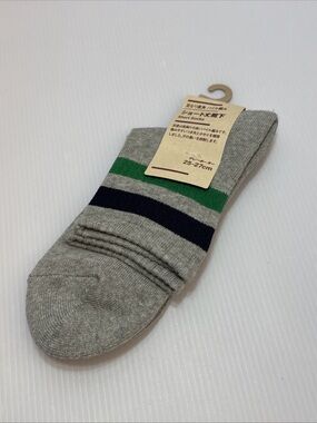 Muji x Lawson Gray Short Socks with Green & Navy Stripes